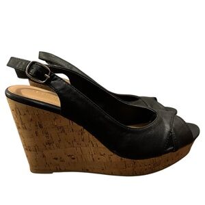 Le Chateau Black Wedge Sandals with Cork Heel and Adjustable Buckle Strap